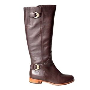 UGG Australia Amberlee Espresso Leather Equestrian Style Boots, Size 9.5